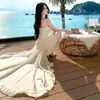 Marca de Nicho Vietnamita Amelie Vestido Longo Jacquard de Renda Floral Tomara-que-caia Elegante na Cor Damasco