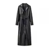 Para Aliexpress Comércio Transfronteiriço Estilo Europeu e Americano Roupas Femininas Outono e Inverno Novo Estilo Casaco Trench Longo de Couro Sintético com Gola e Cinto
