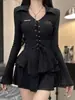 Camiseta Preta Elegante de Manga Longa com Decote V, Estilo Hot Girl para Mulheres no Outono e Inverno, Top Justo com Design Estiloso e uma Camada Base por Baixo
