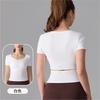 Camiseta Casual de Yoga Manga Curta Redonda Feminina com Barriga de Fora, Corte Justo, Toque 'Naked' para Esportes e Corrida, Roupa Fitness