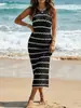 Ropa Europea y Americana Transfronteriza para Mujer, Vestido Camiseta sin Mangas Sexy y Atrevido, Vestido Rayado Hueco, Cubre Traje de Playa, Falda Bodycon para Mujer