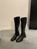 Botas Femininas Longas 2026 Nova Coleção Outono/Inverno Salto Bloco Bico Quadrado Cano Alto Botas de Cavaleiro Elásticas Emagrecedoras Botas Longas Marrons