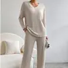 Conjunto de Dos Piezas Transfronterizo para Mujer, Nueva Moda Otoño 2026, Casual, Pantalones Rectos, Elegante Conjunto de Punto Acanalado Holgado con Cuello en V