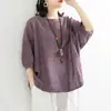 2022 Nova Camiseta Casual Solta de Tamanho Grande Feminina Morcego com Cordão na Barra Gola Redonda Manga Média Pulôver para o Verão