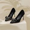 Zapatos de moda para mujer, tacones de aguja puntiagudos, verano 2023, nuevos tacones altos de estilo coreano con lazo y diamantes de imitación.