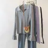 Camisa base de punto con cuello polo morado para mujer, corte ajustado, manga larga, para primavera y otoño, top de punto de alta gama
