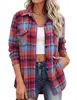 Colección de otoño 2026 Amazon Europa y América comercio electrónico transfronterizo: camisa casual de manga larga para mujer, de cuadros, con botones, con bolsillo, corte holgado