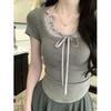Estilo Francês Gola Alta Pura Camiseta de Manga Curta Falsa Duas Peças Feminina Verão Slim Fit Inner Curto Ombro Irregular Moda