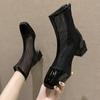Botas Martin de Punta Cuadrada para Mujer Verano Nuevo Malla Tacón Medio Botines Tobilleros Primavera y Otoño Botas Individuales Transpirables Delgadas Sandalias de Tacón Grueso