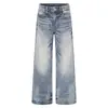 Jeans masculinos de perna larga com lavagem degradê de onda d'água Textura arranhada de gato retrô desgastados estilo high street soltos calças compridas