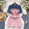 Vestido feminino estilo coreano, falso duas peças, retrô, jeans, manga curta, design de costura, zíper, corte justo, curto, com temperamento
