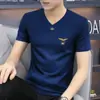 Verano Transfronterizo Nuevo de Alta Gama Auténtico Seda de Hielo Secado Rápido Camiseta de Manga Corta para Hombre Cuello en V Corte Ajustado Top de Moda