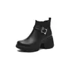 Botas de Cano Curto de Pele de Ovelha com Solado Grosso para Mulheres Baixas 2025, Confortáveis e que Aumentam a Altura, com Salto Alto Robusto, Bico Redondo e Detalhes de Fivela, Botas Curtas de Couro Genuíno para Mulheres