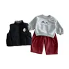 Conjunto de 3 Peças Dianxi para Bebê Inverno Desenho Animado Moletom com Capuz Colete Acolchoado Reversível Calça de Perna Larga Espessa com Forro de Lã