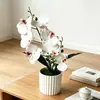 Orquídea Phalaenopsis Artificial com 7 Flores, Pequena Planta em Vaso com Listras Verticais para Decoração de Jardim Interno e Externo, Varanda, Ornamentação de Bonsai com Flor Artificial de Toque Realista