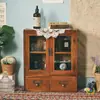 Armário de Exibição Retro de Madeira Maciça Nórdica com Porta Dupla, Armário de Armazenamento para Cosméticos Diversos, Gaveta de Armazenamento de Madeira para Desktop