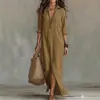 Vestido Longo Casual de Cor Sólida com Lapela e Fenda Frontal Outono 2026 Vestido Solto Transfronteiriço