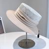 Sombrero de copa plano con pespunte de hilo de cáñamo para mujer, sombrero de paja con protección solar para viajes de verano, sombrero de playa con cinta plisada, moderno.