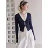 Nuevo top de otoño para mujer, corte ajustado, manga larga, con diseño de imitación de dos piezas, colores contrastantes, en azul marino