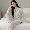 Cardigan de pijama de duas peças para casa feminina, manga longa e calça longa, gola V, cor sólida, algodão jacquard elástico dupla face