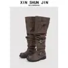 2025 Nuevas Botas de Cuero Suave de Pierna Ancha Estilo Coreano Botas de Caña Alta de Suela Gruesa Botas de Pelo para Mujer Botas de Tacón Grueso Botas de Caballero
