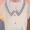 Camisa Básica Fresca de Manga Curta para o Verão, Novo Estilo Gola Boneca Plissada Manga Curta Moda Feminina Solta Modeladora Renda Top para Mulheres