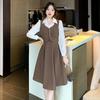 2026 Foto Real em Estoque Outono/Inverno Nova Moda Camisa Patchwork Vestido Feminino Falso Duas Peças Linha A