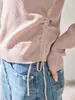 Shengdu26 Otoño Nuevo Rosa Ligero Cordón Cintura Ajustada Elegante Cuello Solapa Manga Larga Tejido Top para Mujer