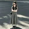 Conjunto de Verão para Meninas 2026 Novo Casual Estilo Coreano Listrado Manga Curta com Conjunto de Saia para Crianças Maiores
