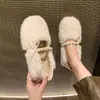 Sapatos femininos peludos de outono e inverno, mocassins confortáveis de calçar, sapatos de algodão com bico redondo, espessados e forrados com pelúcia para gestantes