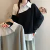 Sudadera única de manga larga gris con retazos estilo camisa para mujer, nuevo otoño 2026 talla grande chic top falso de dos piezas