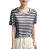 Camiseta de Punto de Manga Corta con Cuello Redondo, Hilo Fino, Estilo Nuevo de Verano para Mujer, Top Básico de Rayas Retro Bloque de Color, Delgado y Holgado