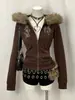 Moletom Jaqueta com Capuz e Zíper Slim Fit Hot Girl Atacado Outono Novo Estilo Design de Gola de Pelo Cardigan Estampa Retrô Marrom