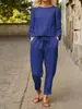 Traje de Lino Moda Femenina Color Sólido Salida Casual Conjunto de Dos Piezas Comercio Exterior Primavera y Verano Simple Retro Cintura Elástica con Cordón