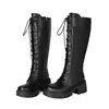Botas altas femininas transfronteiriças para outono e inverno, botas femininas pretas à prova d'água com sola grossa, plataforma, bico redondo, salto médio, tamanho grande, botas de montaria de qualidade para exportação para mulheres