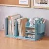 Suporte de mesa simples para livros para estudantes, estante de armazenamento de livros para dormitório com porta-canetas, estante de armazenamento de arquivos para escritório