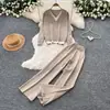 Conjunto de dos piezas para mujer, top de punto con cuello en V, patchwork, manga larga, estilo commuter, pantalones de pierna ancha ajustados, atuendo casual y elegante para otoño