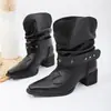 Elegantes Botines Vaqueros Occidentales Plisados para Mujer 2026 Primavera/Otoño Más Vendidos Negros Adelgazantes Puntiagudos Tacón Grueso Botines de Montura