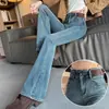 Micro-jeans azul claro feminino inverno 2024 novo cintura alta calças de chifre de ferradura com franjas
