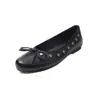 Zapatos Planos de Piel de Oveja con Boca Poco Profunda para Mujer, con Lazo, Tachuelas en Forma de Corazón, Estilo Coreano, Forro de Piel Genuina, Zapatos Planos de Boca Poco Profunda para Mujer