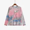Top de mujer talla grande con estampado de pintura al óleo vintage, otoño 2026, camiseta básica fina de cuello redondo holgada para mujeres talla grande, NS1591