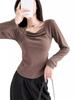 Camiseta de Manga Larga Estilo Francés Nuevo Cuello Cuadrado Estilo Deseo Puro Corte Entallado Ajustado Camiseta Versátil Moda Nicho Única Chic Top Ins
