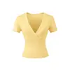 Top de Yoga Fitness com Decote em V Profundo, Linha Dividida, Gola Cruzada, Camiseta Curta de Manga Curta, Modelagem Justa, Cintura Alta