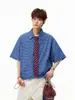 Camisa de Manga Corta Plisada Cuadros Azules Miu para Hombres y Mujeres, Tendencia de Verano Cityboy Holgada y Perezosa Chaqueta Camiseta Casual