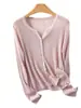 Novo cardigã delicado estilo francês, fino, gola redonda, tricô canelado, suéter justo para mulheres, blusa de manga comprida para primavera/verão, adequado para usar em ambientes com ar condicionado