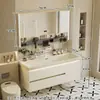 Gabinete de baño con lavabo integrado de piedra chapado en oro de lujo ligero estilo italiano, juego de tocador para baño