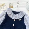 Conjunto de dos piezas para niña con patchwork, nueva colección otoño 2026, moderno diseño a rayas de bloques de color con pantalones ligeramente acampanados