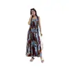 Vestido Regata de Algodão e Seda para Mulheres, Novo Estilo de Verão, Acinturado, Design Emagrecedor, Elegante Vestido Longo de Algodão Artificial Floral para Praia