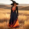 Halloween Mais Vendido Bruxa Crânio Colorido Estampado Vestido COS Cintura Marcada Manga Longa Festa de Baile Midi