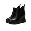 Botas Curtas de Couro Genuíno de Salto Altíssimo com Aumento Interno para Mulheres 2025 Outono e Inverno Novas Bico Fino Solado Grosso V-Boca Britânicas Salto Anabela Botins